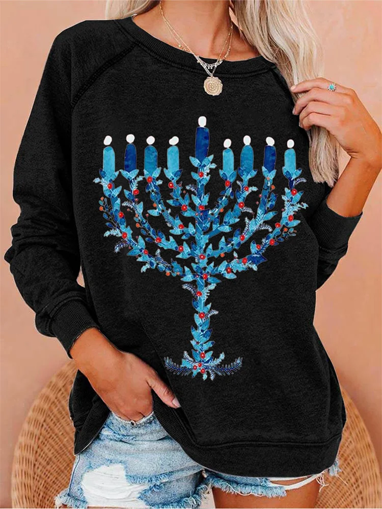 Women's Hanukkah Menorah Printed Crew Neck Long Sleeve Sweatshirt-1