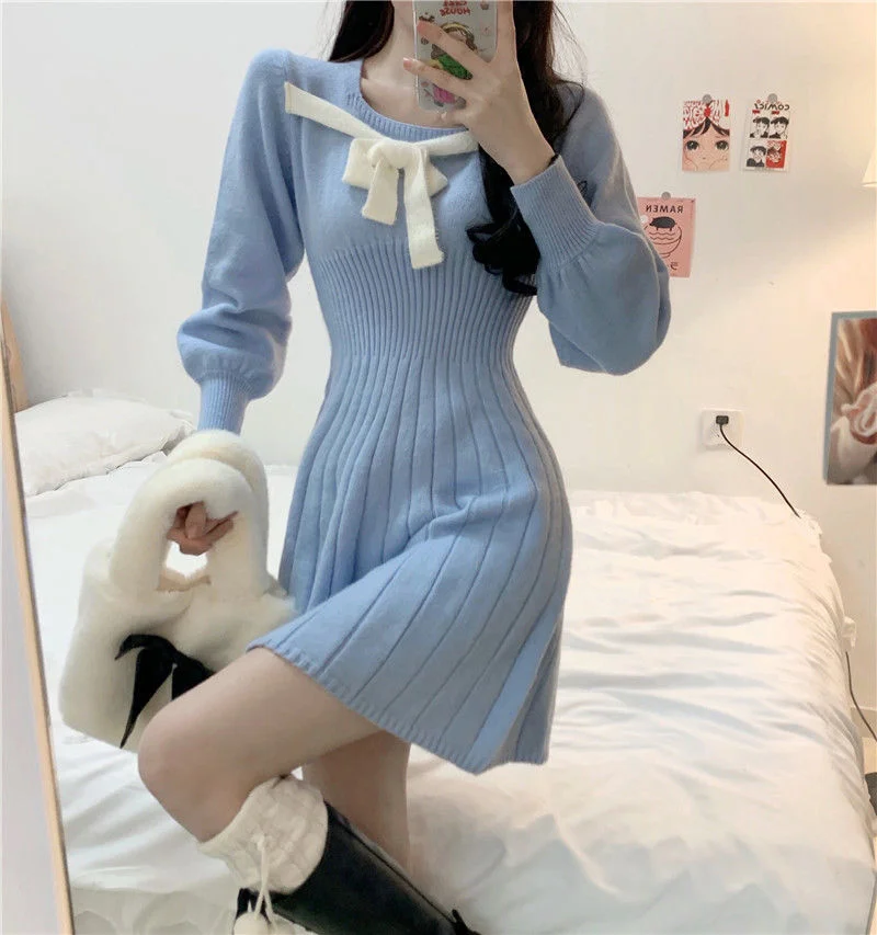 Dresses Women Knitted Autumn Blue Bow Sweet Girls Vintage Lady Elastic Fresh Korean Style Ulzzang Leisure Trendy Retro Female