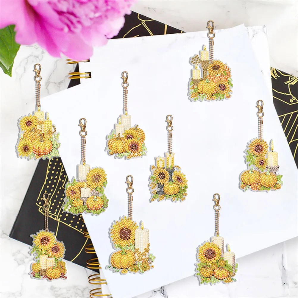 9pcs DIY Pumpkin Sunflower Candle Double Sided Special Shape Diamond Painting Art Keychains Pendant