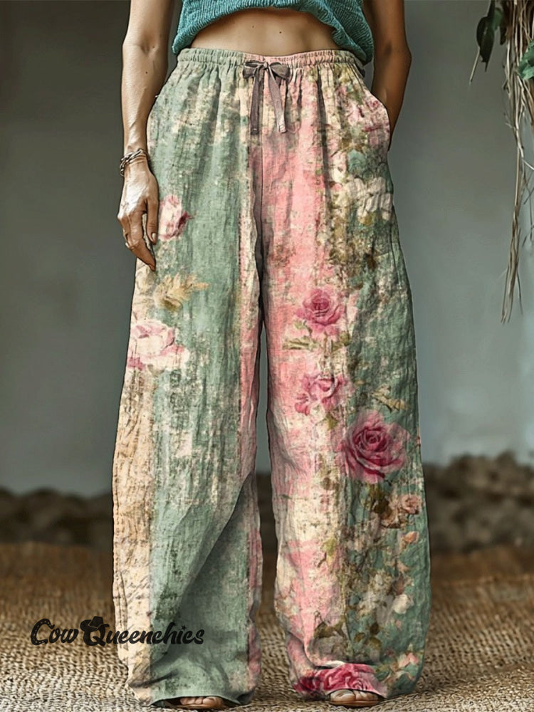 Women&rsquo;s Retro Art Pattern Printed Cotton And Linen Casual Pants Multicolor / S