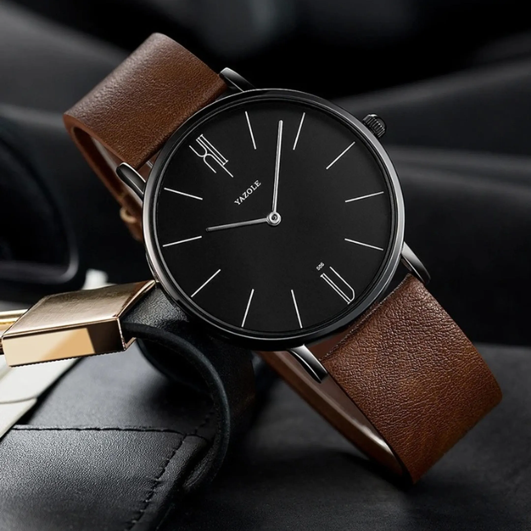 Men's Leather Strap Dress Watch &ndash; Slim Stainless Steel Case