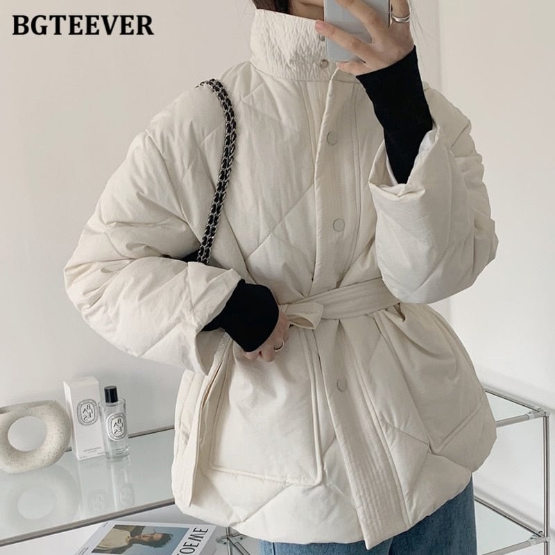 BGTEEVER Winter Thick Cotton Padded Coats Women Single-breasted Zippers Lace-up Female Parkas Stand Collar Female Jackets