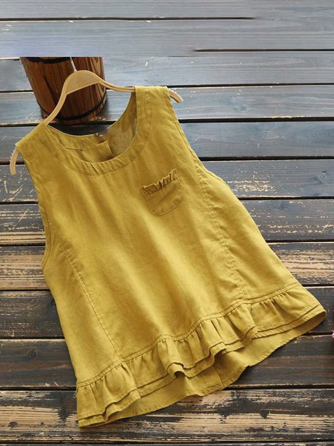 Women's Loose Sleeveless Pleated Hem Solid Color Linen Top