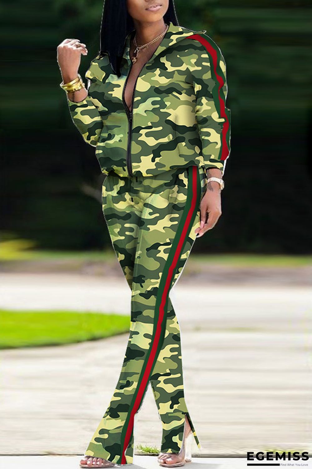 Yellow adult Casual Fashion Print Two Piece Suits Patchwork Camouflage Straight Long Sleeve Two- | EGEMISS