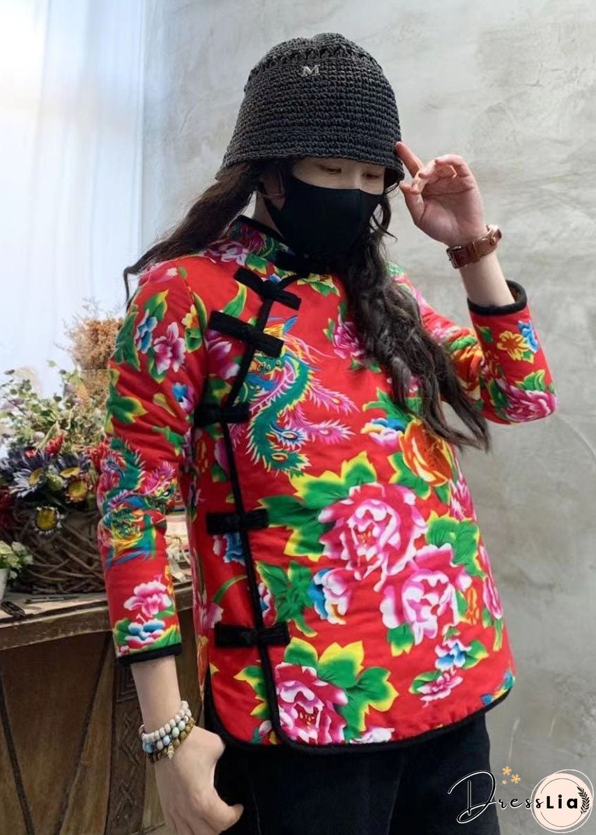 Red Print Fine Cotton Filled Coat Outwear Mandarin Collar Winter