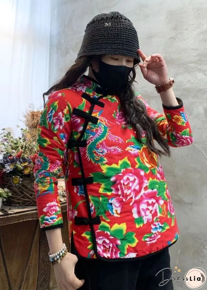 Red Print Fine Cotton Filled Coat Outwear Mandarin Collar Winter