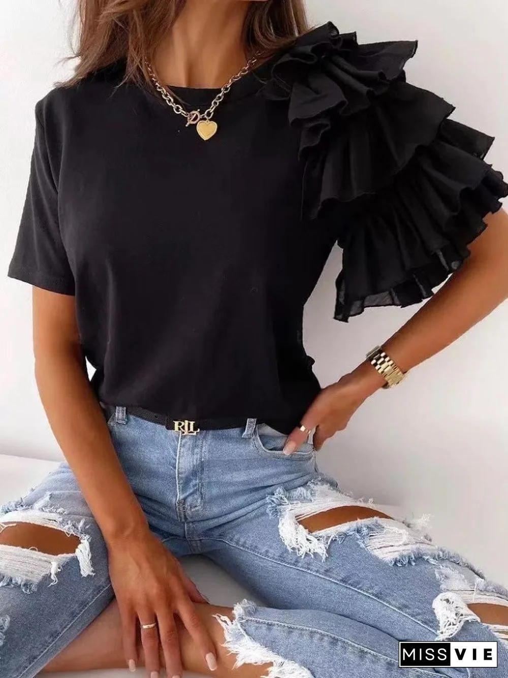 New Spring Summer Simple Fashion Ruffled Short-sleeved All-match Round Neck T-shirt Casual Party Women's Shirts For Women Tops