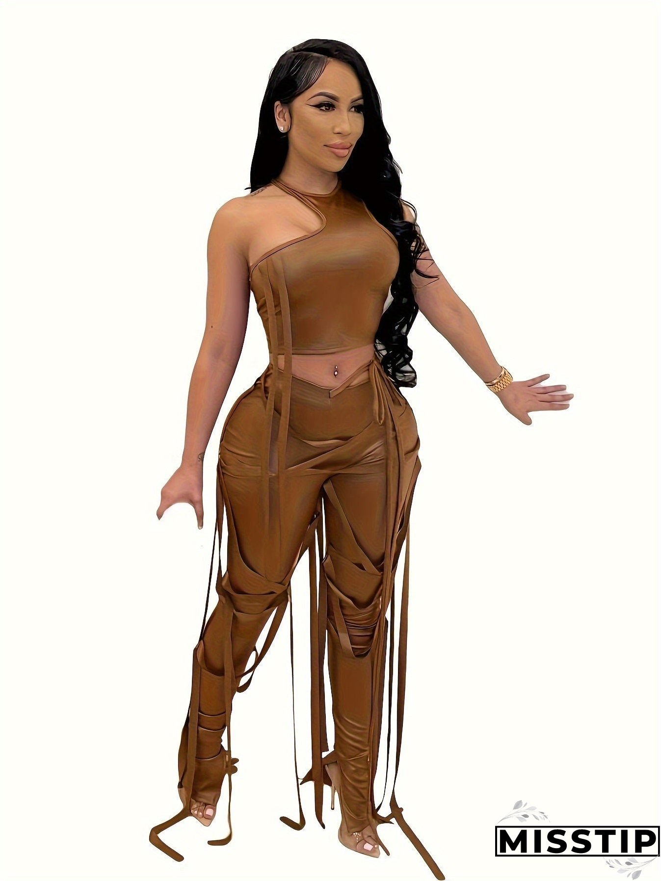 Solid Y2K Two-piece Set, Asymmetrical Sleeveless Tops & Slim Long Length Pants Outfits, Women's Clothing