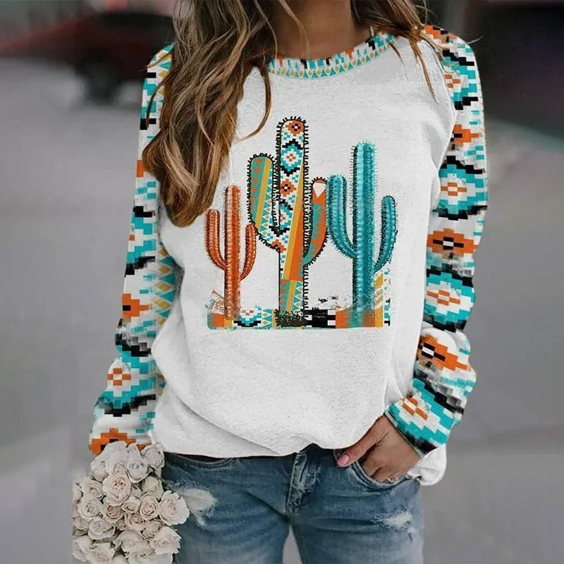 Vintage Print Sweatshirt Women Autumn Fashion Pocket O Neck Long Sleeve Streetwear Hoodies Female Plus Size Casual Pullovers