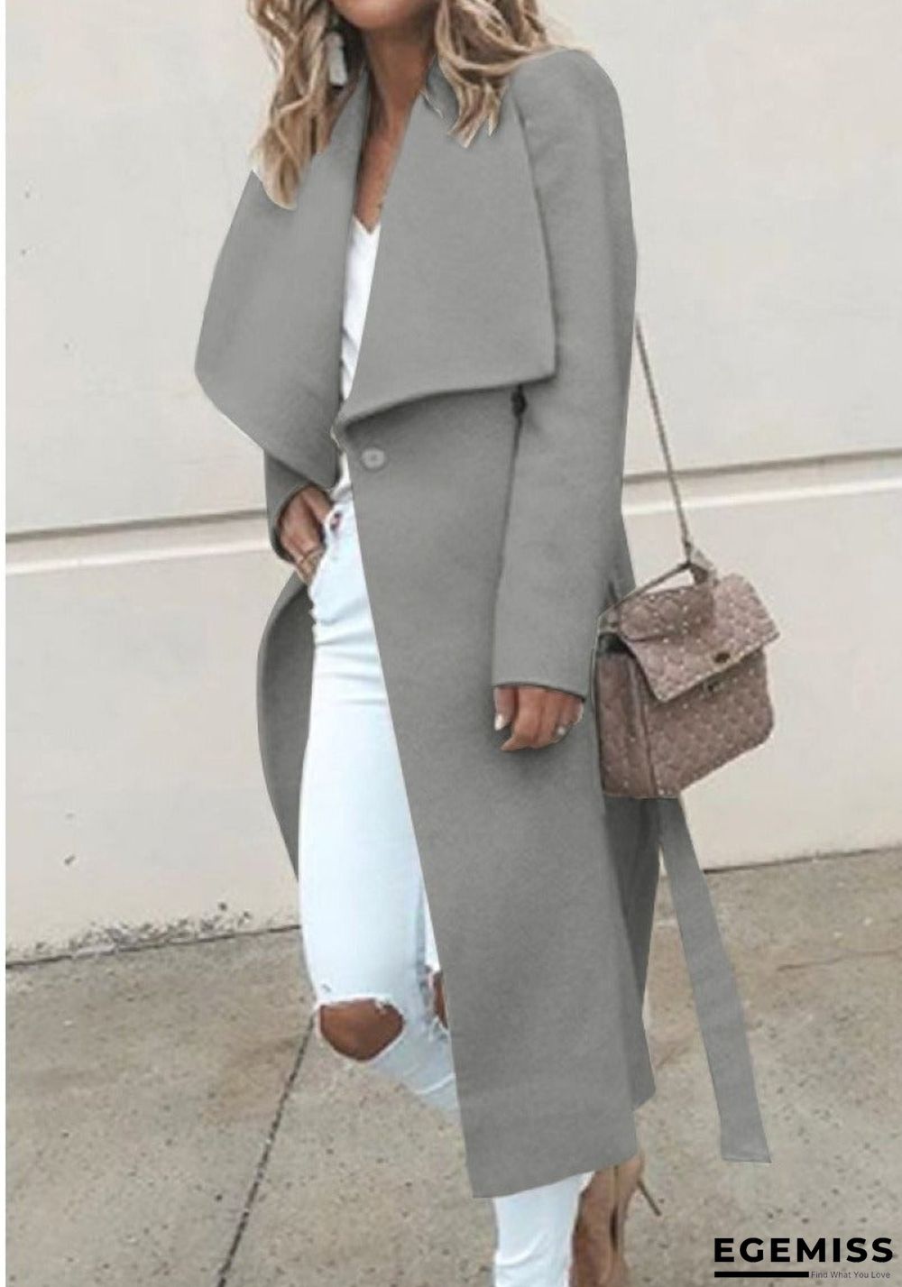 Fold-Over Collar Belt Plain Long Sleeve Coats | EGEMISS