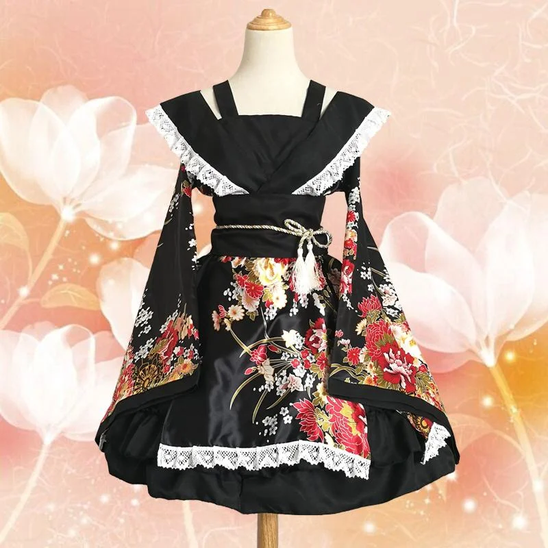 White/Pink/Red/Black Lolita Floral Maid Kimono SP1710542