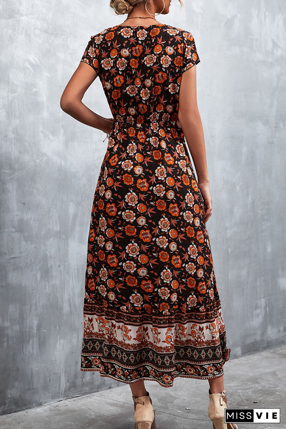 Floral Print Short Sleeve Long Dress Wholesale