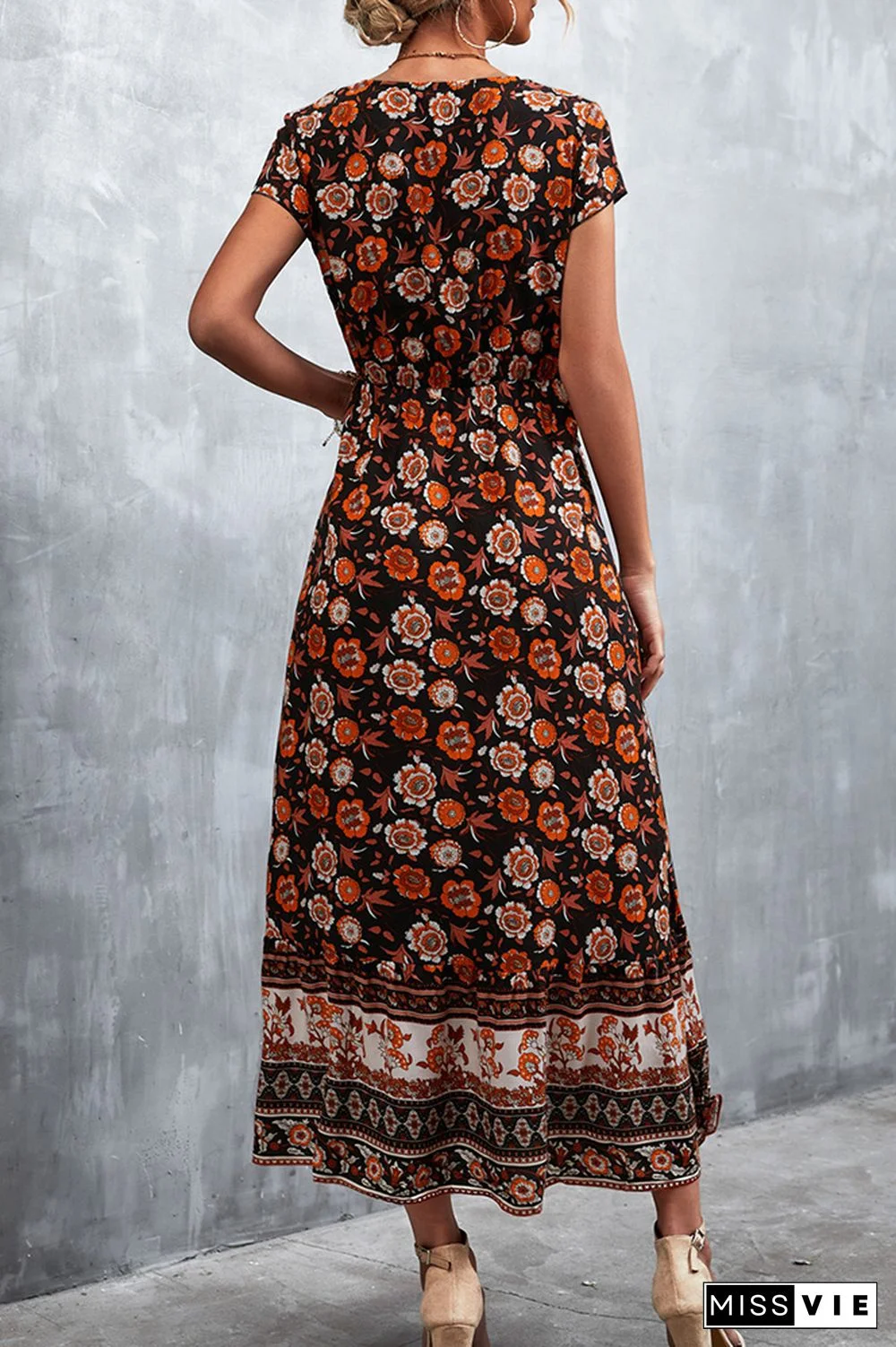 Floral Print Short Sleeve Long Dress Wholesale