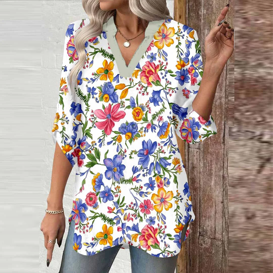 Women Floral, Purple, Green DZGA0759 3/4 Sleeve V-neck Printed Graphic Button Tops