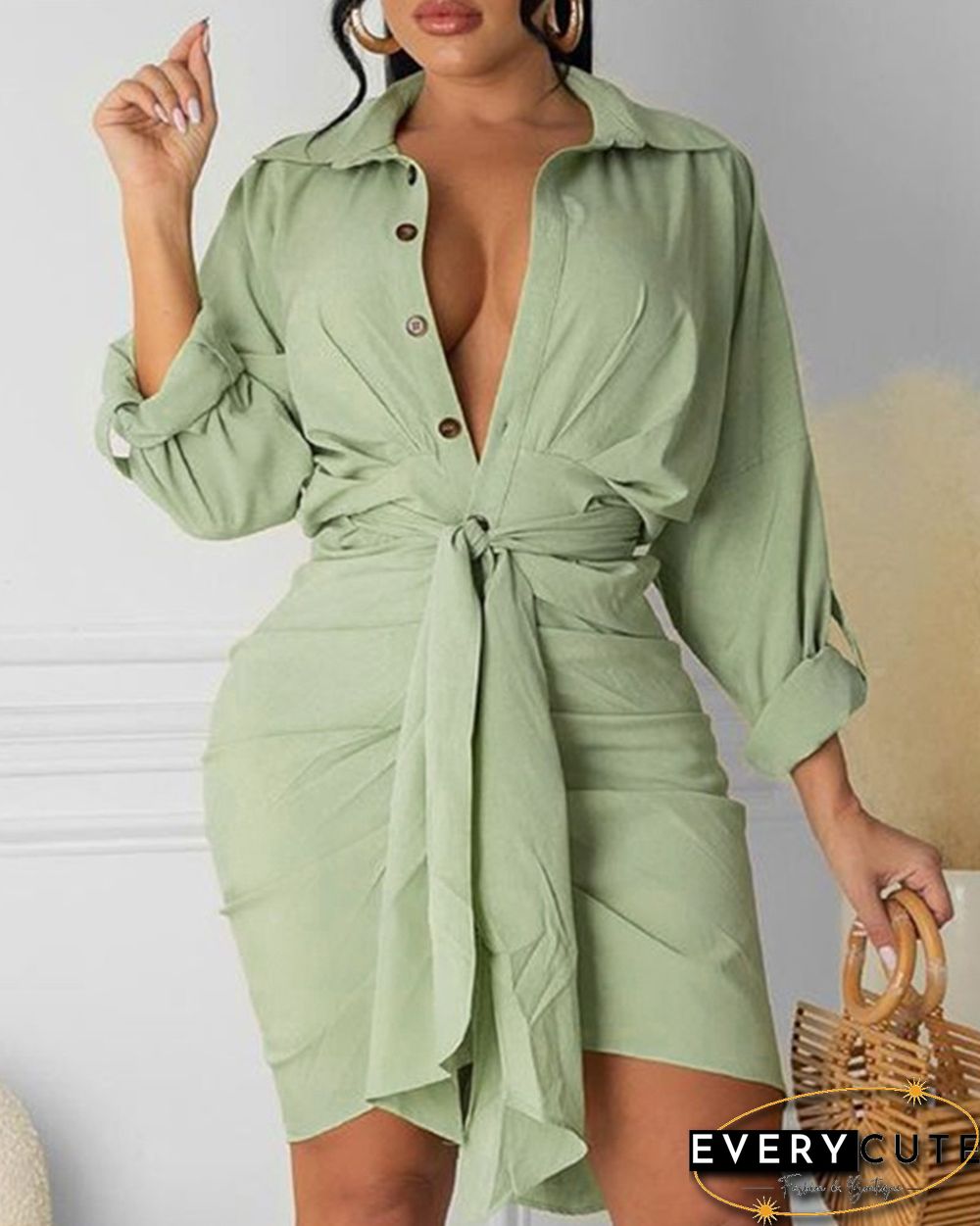 Button Design Tied Detail Long Sleeve Shirt Dress