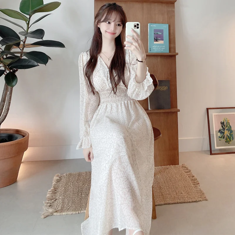 Churchf Churchf Chic Spring French Sweet V Collar Full Screen Floral Design Pleated Feeling Waist Show Thin Long-Sleeved Dress