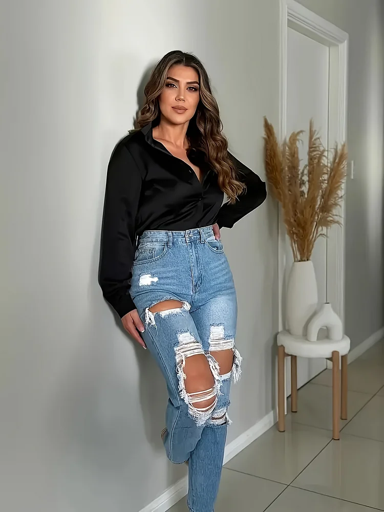 Women's High Waist Ripped Jeans, Casual Style, Long Length, Zipper Fly, Trapezoid Hem, All-Season Comfort Fit With Pockets, Casual Denim Wear | Trapezoid Hem Jeans | Comfortable Jean