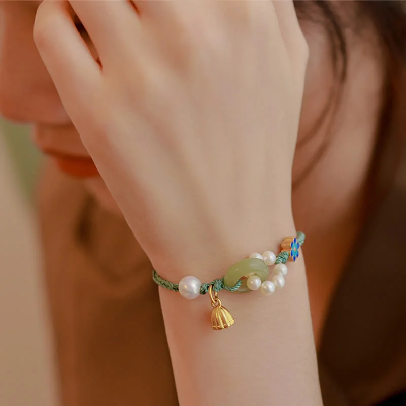 Natural Hetian Jade Peace Buckle Pearl Luck Handcrafted Braided Bracelet
