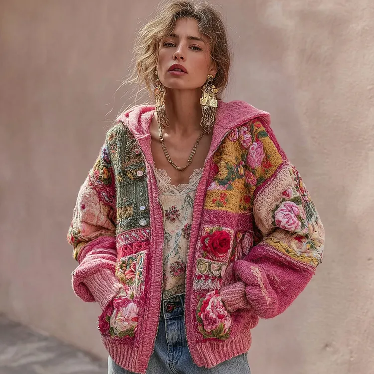 Women's Vintage Bohemian Floral Embroidery Patchwork Art Zipper Knit Hooded Sweater