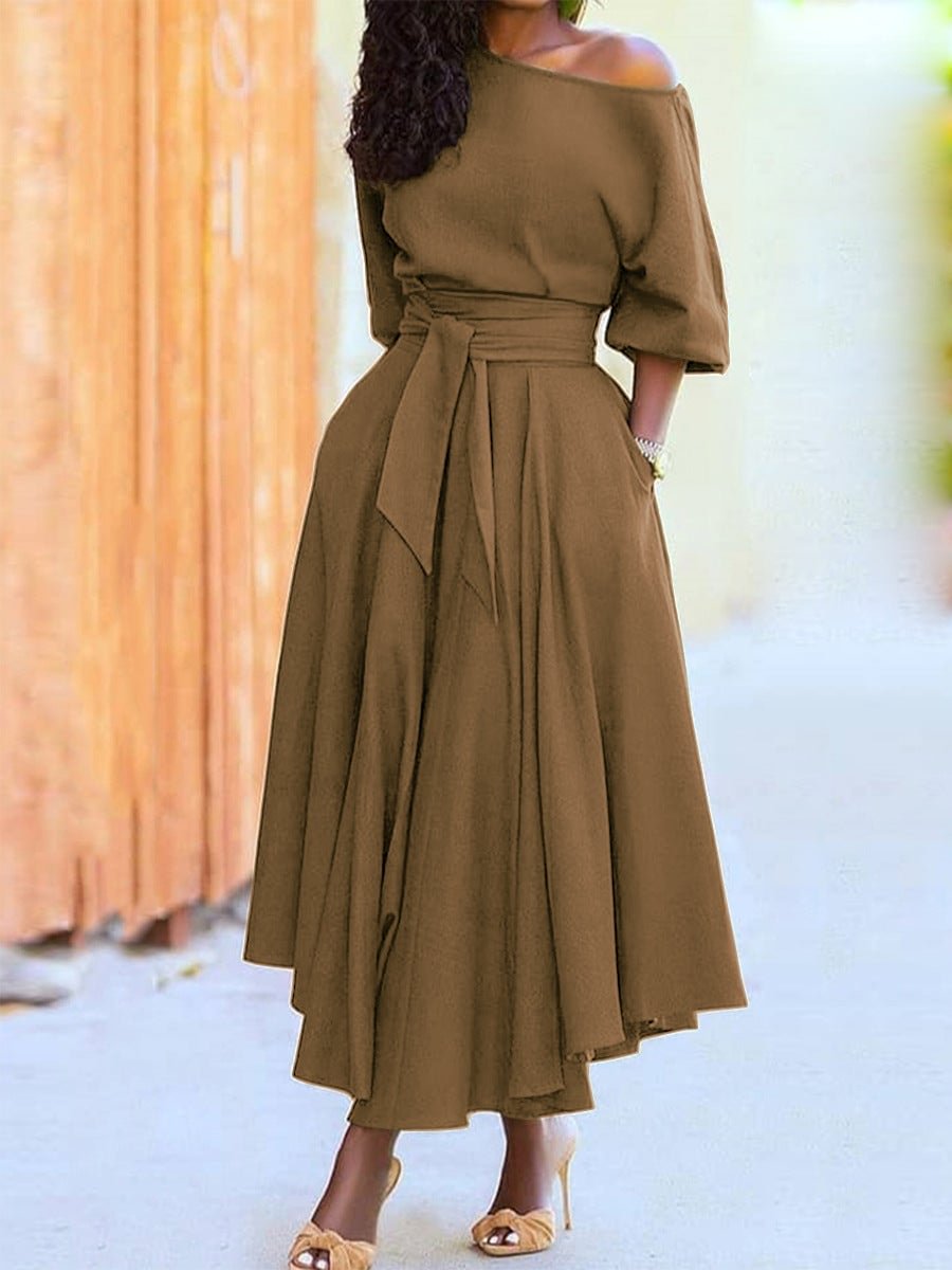 Diagonal Shoulder Collar Strap Waist Closing Temperament Solid Dress | EGEMISS