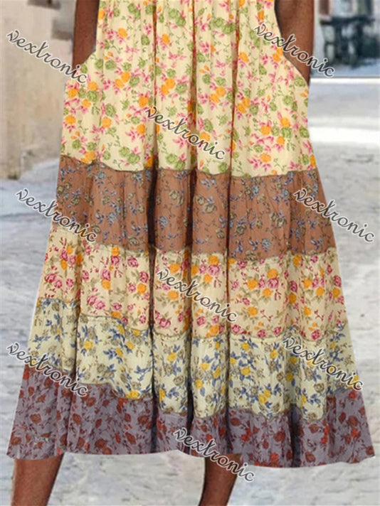 Women Short Sleeve Scoop Neck Floral Printed Stitching Maxi Dress