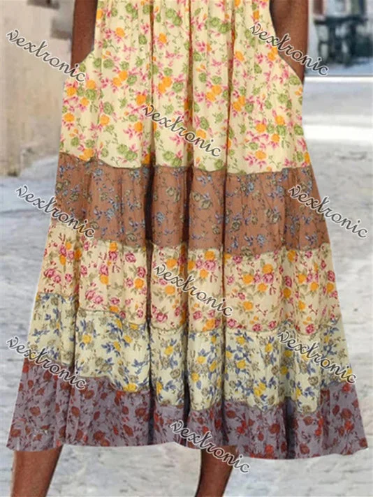 Women Short Sleeve Scoop Neck Floral Printed Stitching Maxi Dress