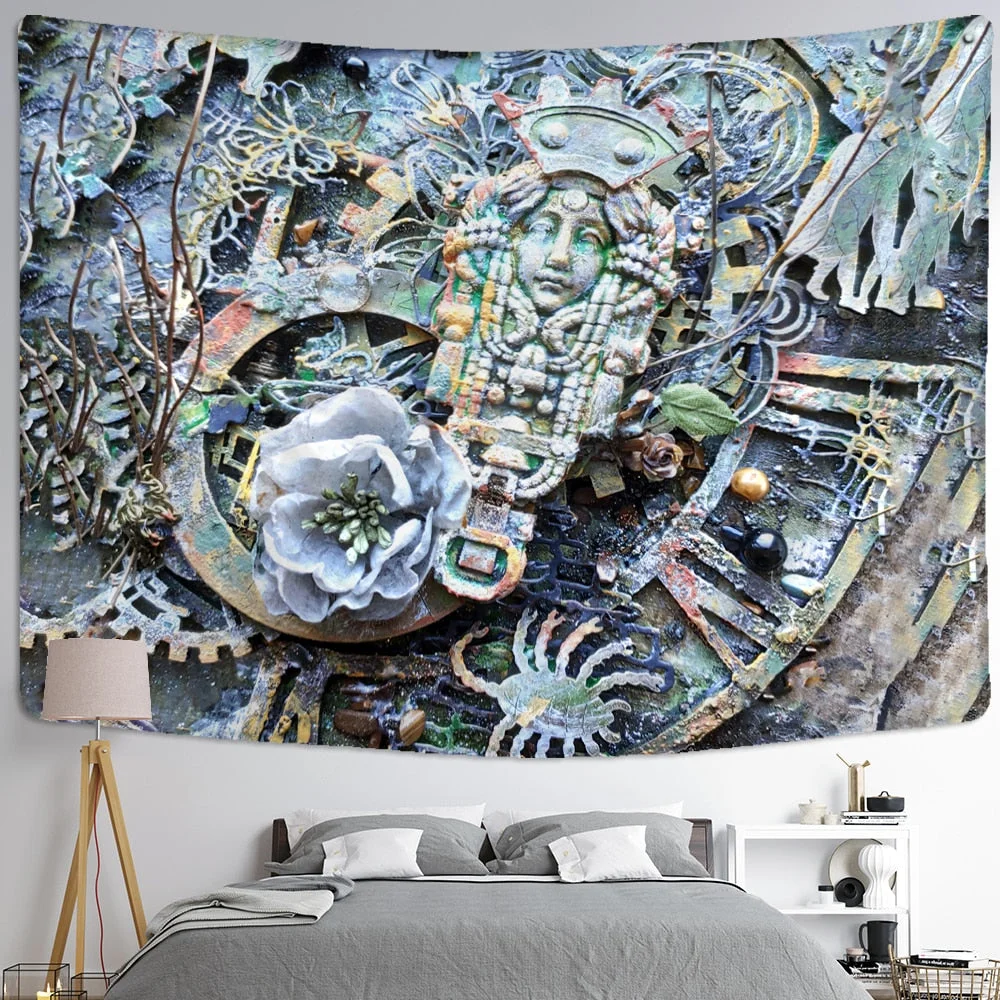 Colorful Human Face Tarot Card Tapestry Wall Hanging Relief Psychedelic Witchcraft Grim Reaper Tapiz Hippie Home Decor