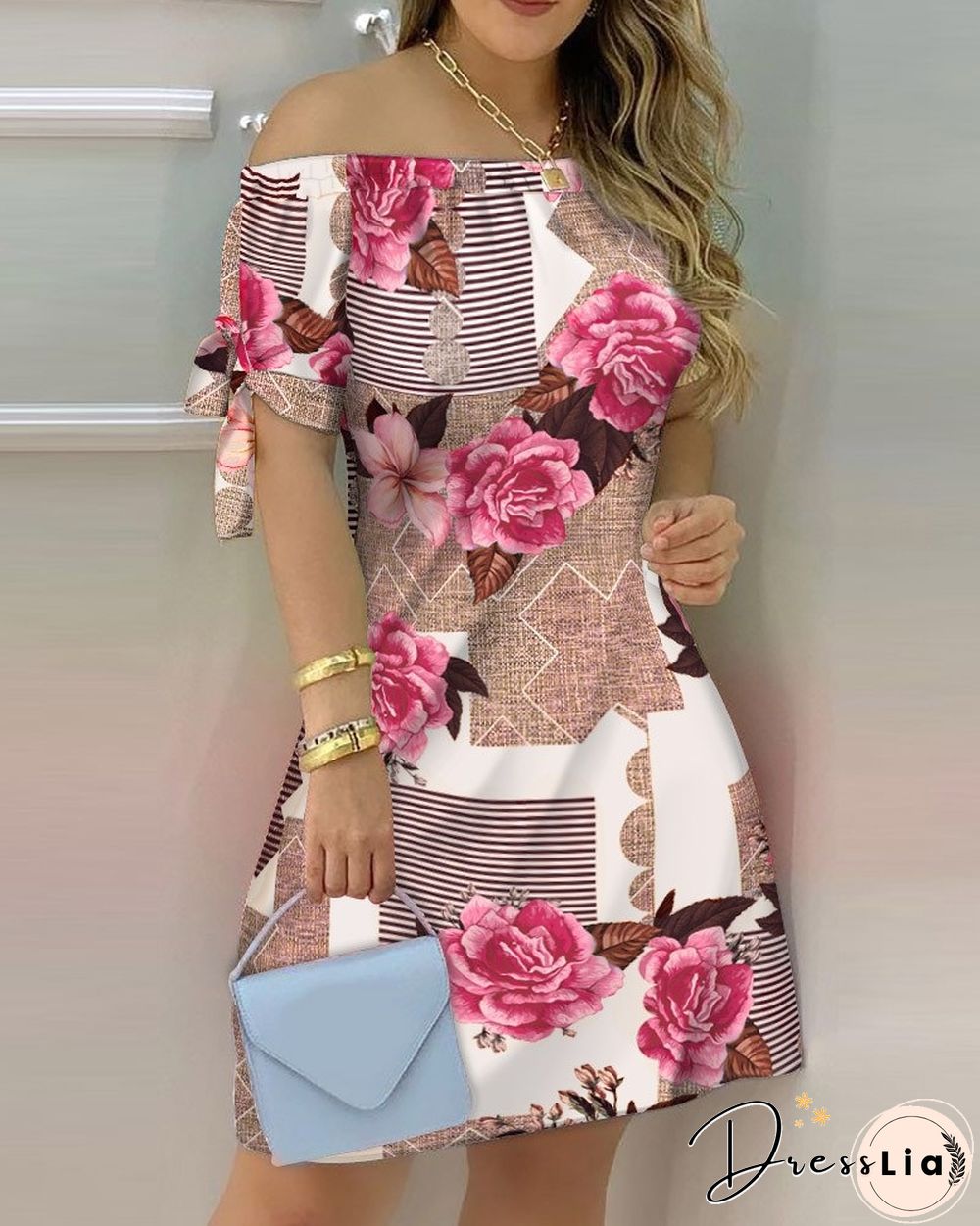 Sexy Female Casual Striped Off Shoulder Short Sleeve Mini DressFor Ladies Bow Tie Print A Line Party Short Dresses Vestidos