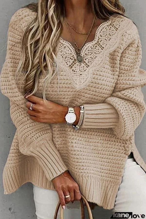 Women's Sweaters Lace Stitching V-Neck Long Sleeve Sweater