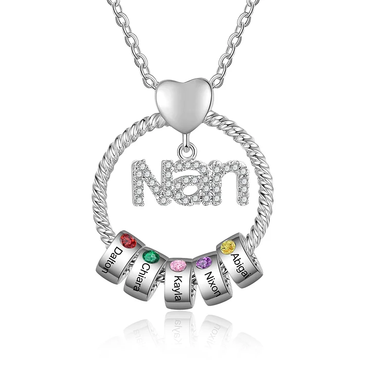 5 Names-Personalized Nan Circle Necklace With 5 Birthstones Pendant Engraved Names Gift For Nan/Nana/Nanny/Granny