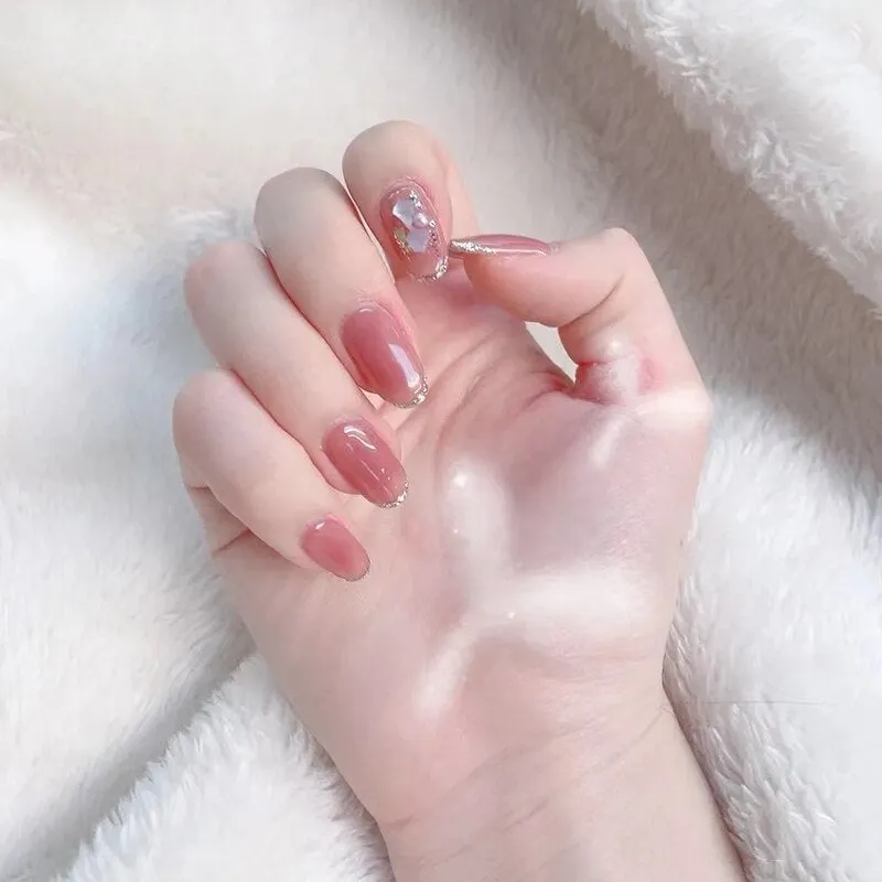 24PCS Fake Nail Exqusite Pearl Decor Girls Mid Length Coffin Ballet Press On Nails Full Cover Fake Nail Long Paragraph Fake Nail-Nail Inspo