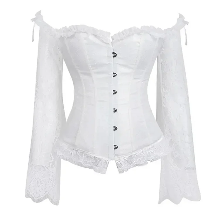 Vintage Off Shoulder See-Through Long Sleeve Corset Lace Blouse