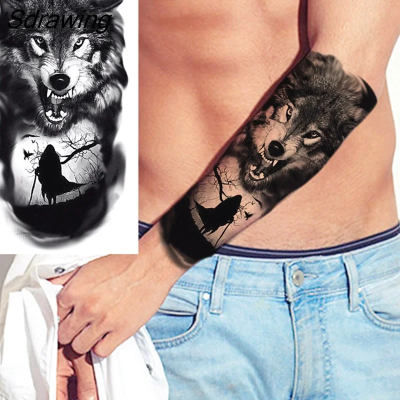 Sdrawing Warrior Punk Skeleton Gangster Rose Flower Temporary Tattoos For Women Men Lion Tiger Skull Rose Fake Tattoo Sexy Arm