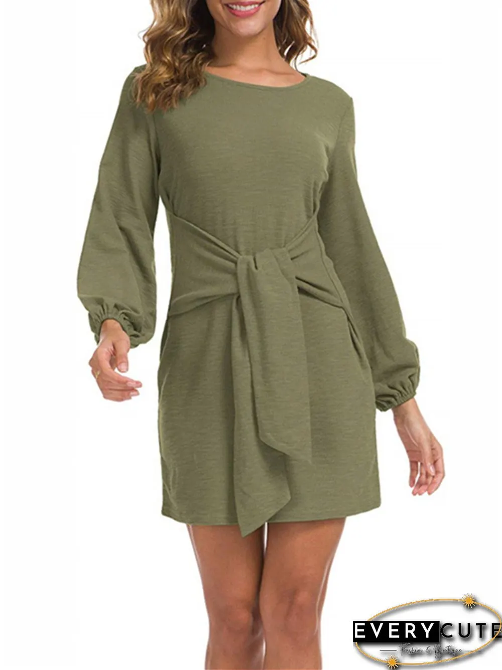 New Women's Waist Long Sleeve Strap Solid Color Dress