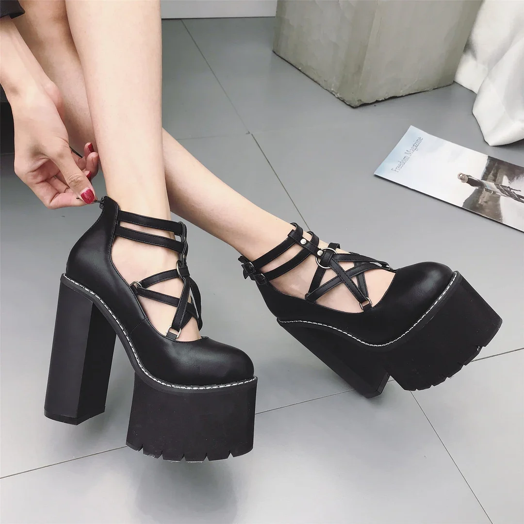 Black/White Pentagram Double Strap Platform High Heels Shoes S13076