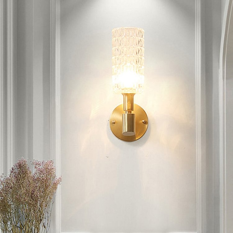 Gold Tube Sconce Light Traditionary Ribbed Glass 1 Bulb Wall Mounted Lamp for Living Room