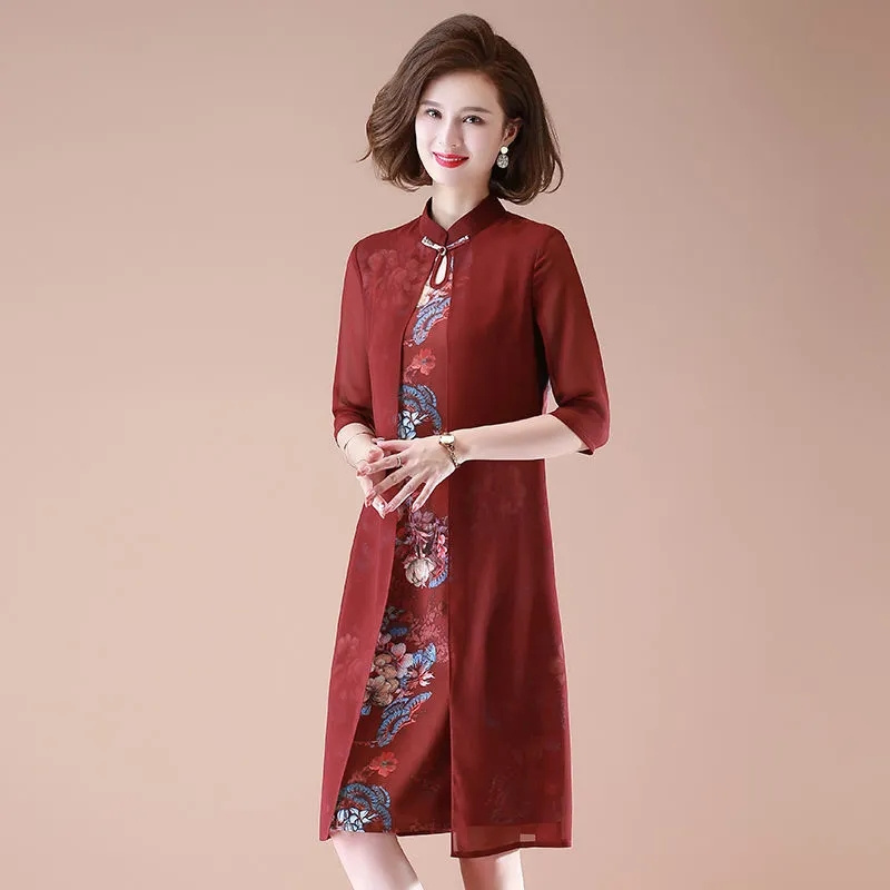 Roigam Mom's Summer Fashion Chiffon Cheongsam Dress 40 Years Old and 50 Middle-Aged Women's Summer Temperament Noble Belly Skirt