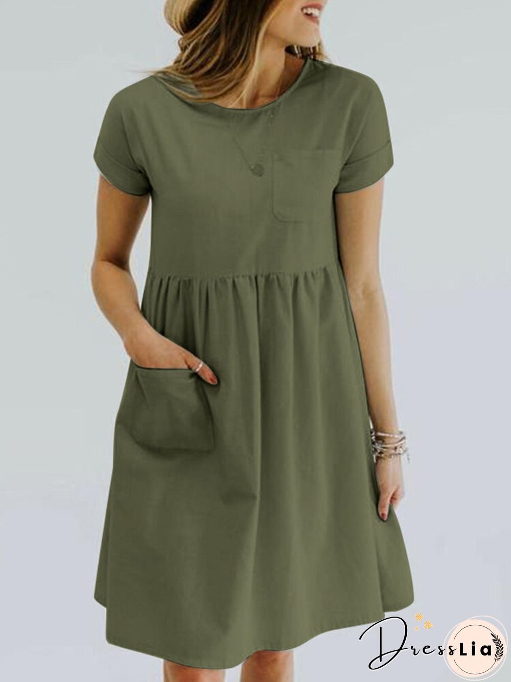 Solid Pocket Ruched Roll Short Sleeve Casual Midi Dress