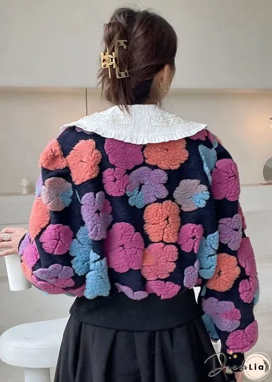 Plus Size Rose flower Button Floral Faux Fur Winter Coat