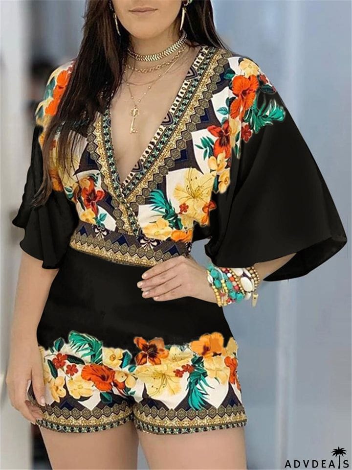 Fashionable Wrap Neck Fitted Waist Vibrant Floral Print Flare Sleeve Playsuit