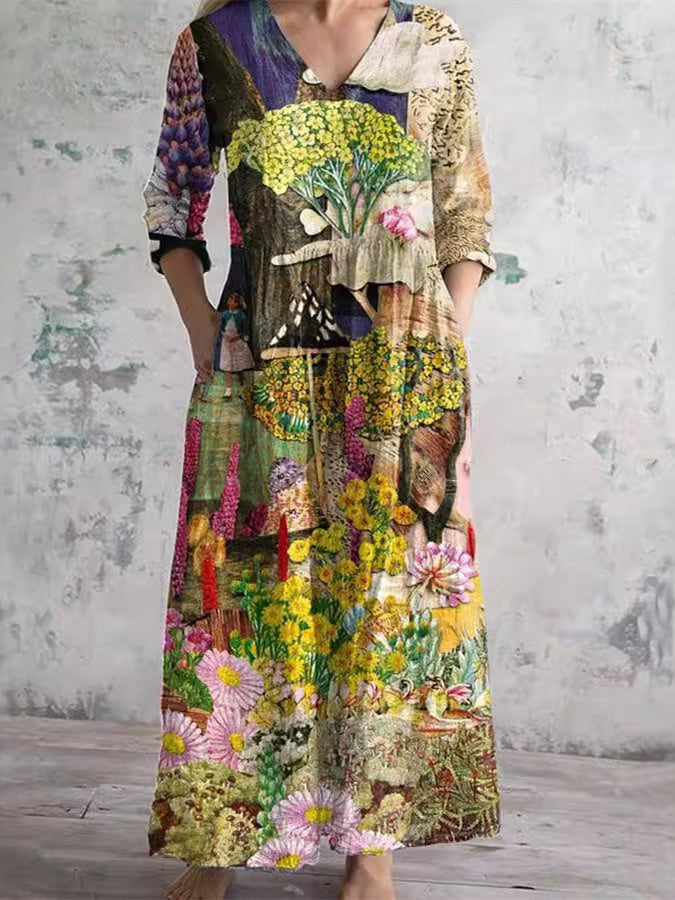 Women's Long Sleeve V-neck Floral Printed Midi Dress