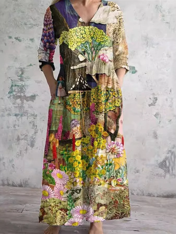 Women's Long Sleeve V-neck Floral Printed Midi Dress