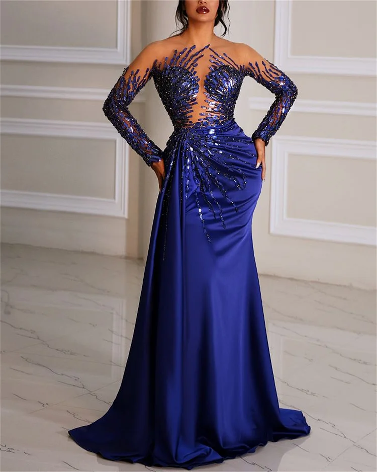 Women's Blue Sequin Evening Dress - 01