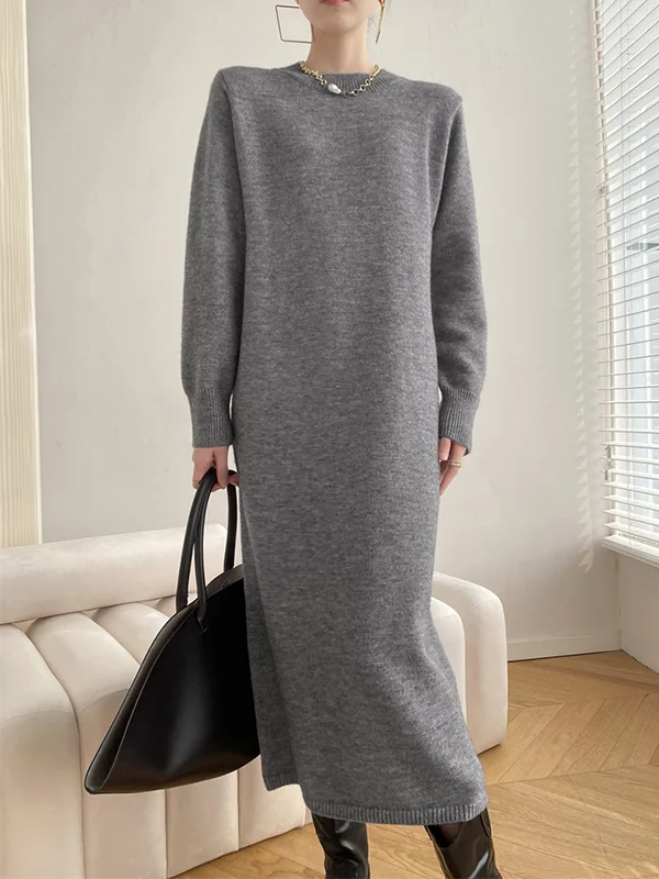 Urban Roomy Long Sleeves Pure Color Round-Neck Sweater Dresses