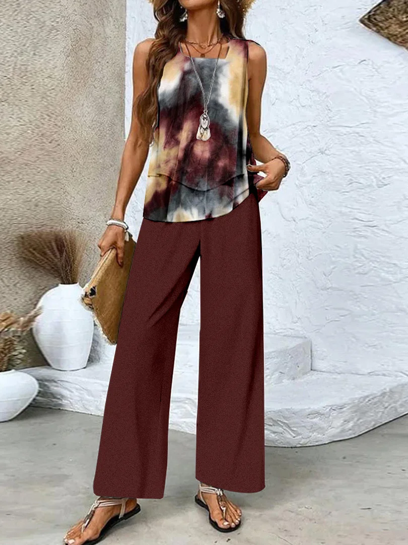 Women's Sleeveless Square Collar Graphic Printed Casual Set