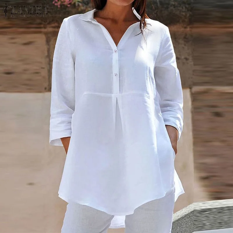ZANZEA Stylish Blouse Elegant Lapel Neck 3/4 Sleeve Shirt Women Casual Loose Blusas Female Solid Chemise Buttons Tops Oversized