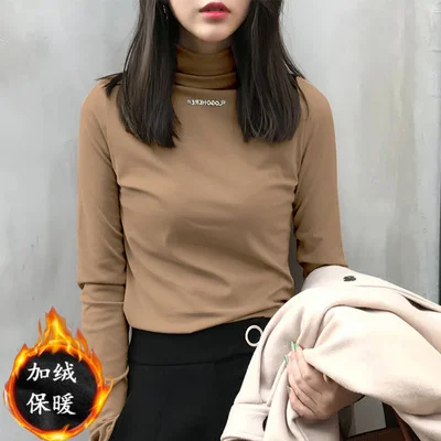 Uveng Uveng Spring 2024 Half Turtleneck Jacket Bottom Shirt Women's Letters Embroidered Slim Students Solid Color And Velvet Long Sleeve T-Shirt Women