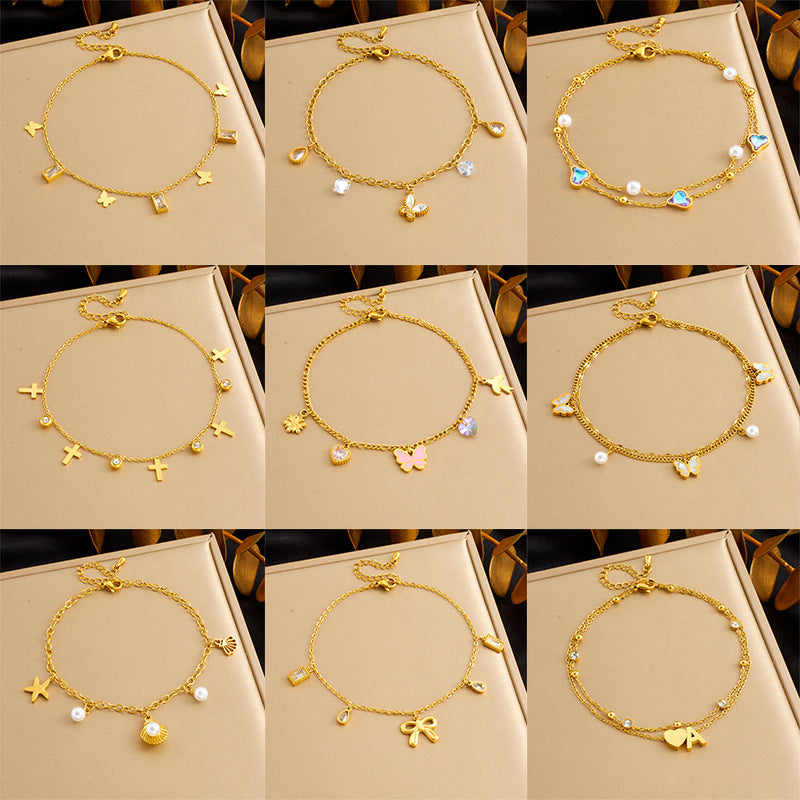 Fashion Beach Style Versatile Simple Colorful Geometric Glass Rhinestone Butterfly Love Accessories Chain Anklet