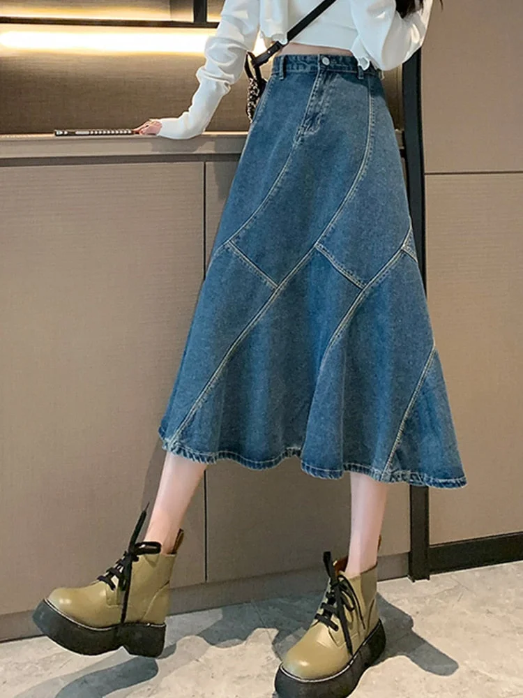 SURMIITRO 2022 Summer Korean Fashion Blue Denim Midi Long Skirt Women ...