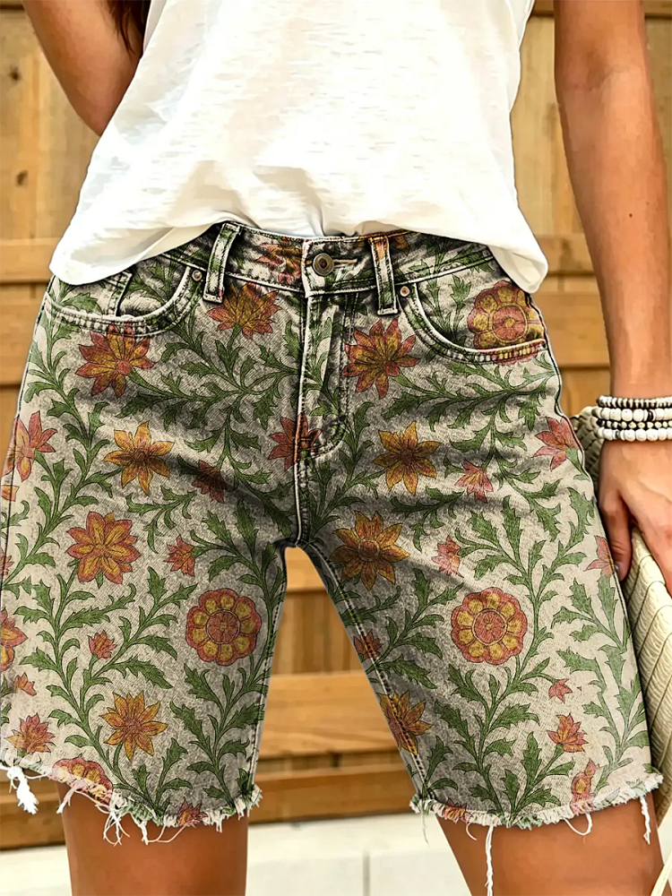 Women's Vintage Floral Print Denim Shorts